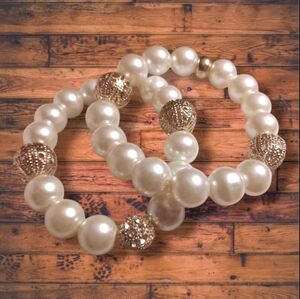 2 Luxurious Pearl & Gold Filgeree Beads W/Rhinestone Accents Stretchy Bracelets